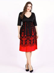 Damask Print Half Sleeve V-Neck Midi Dress