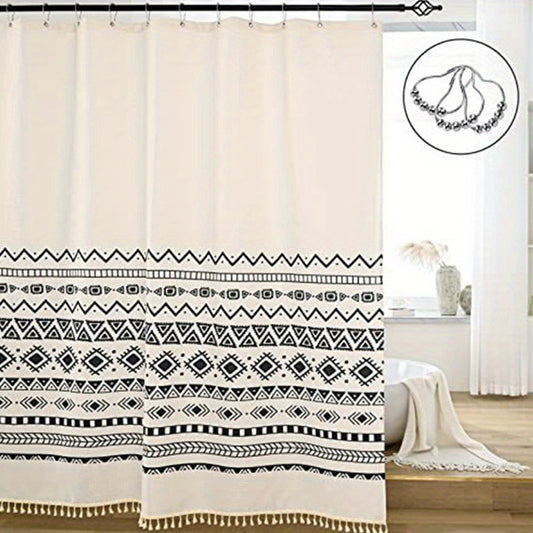 Bohemia Style Shower Curtain with Tassel Durable Waterproof Mildew Proof Fabric