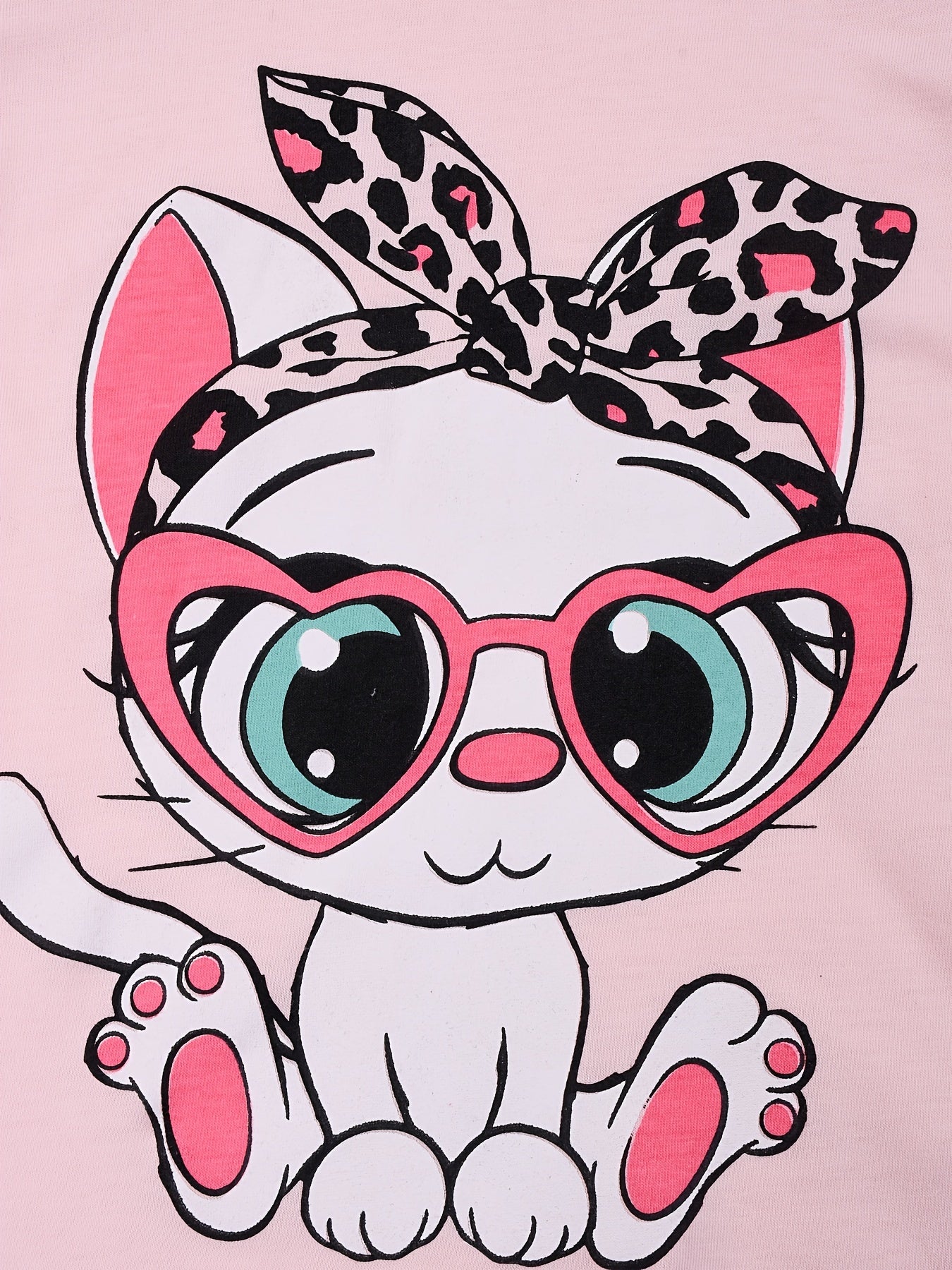 Cat Print Kids' Pajamas Set Long Sleeve Top & Leopard Pants Comfy Loungewear