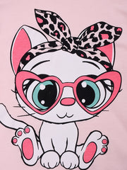 Cat Print Kids' Pajamas Set Long Sleeve Top & Leopard Pants Comfy Loungewear