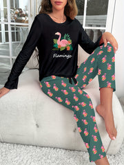 Flamingo Print Pajama Set Long Sleeve Top & Pants