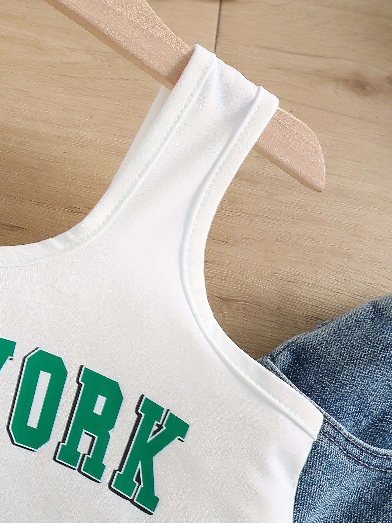 Girls Tank Crop Top & Elastic Waist Jeans 2pcs York Print Casual Kids Clothes