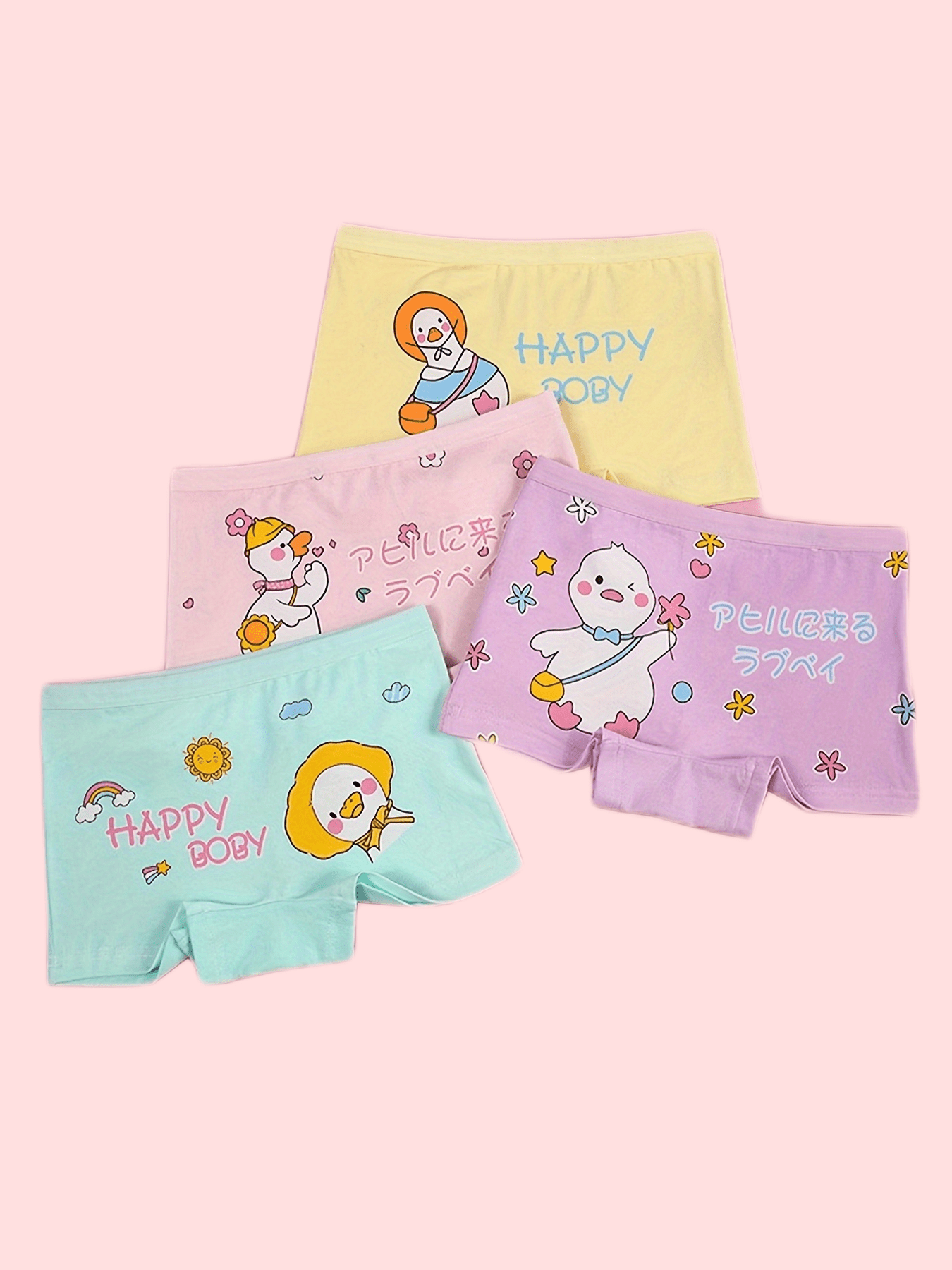 4pcs Cartoon Girl's Cotton Boxer Briefs Elastic Waist Shorts