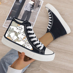 Girl's High Top Cartoon Cats Skate Shoes With Warm Plush Lining