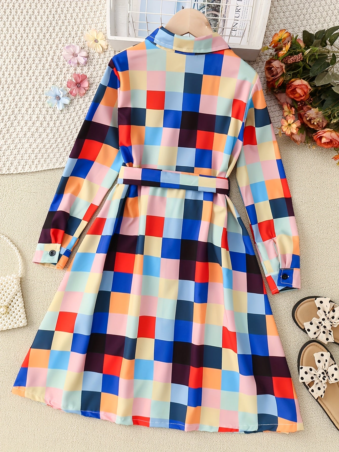 Girls' Stripe Long Sleeve Collared Shirt Dress With Belt