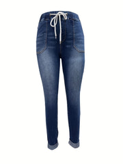 Skinny Jeans Drawstring Elastic Mid Stretch Denim Pants