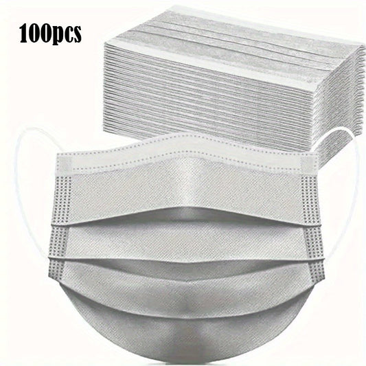 100pcs Disposable Grey Face Mask 3 Layer Cover Breathable & Comfortable