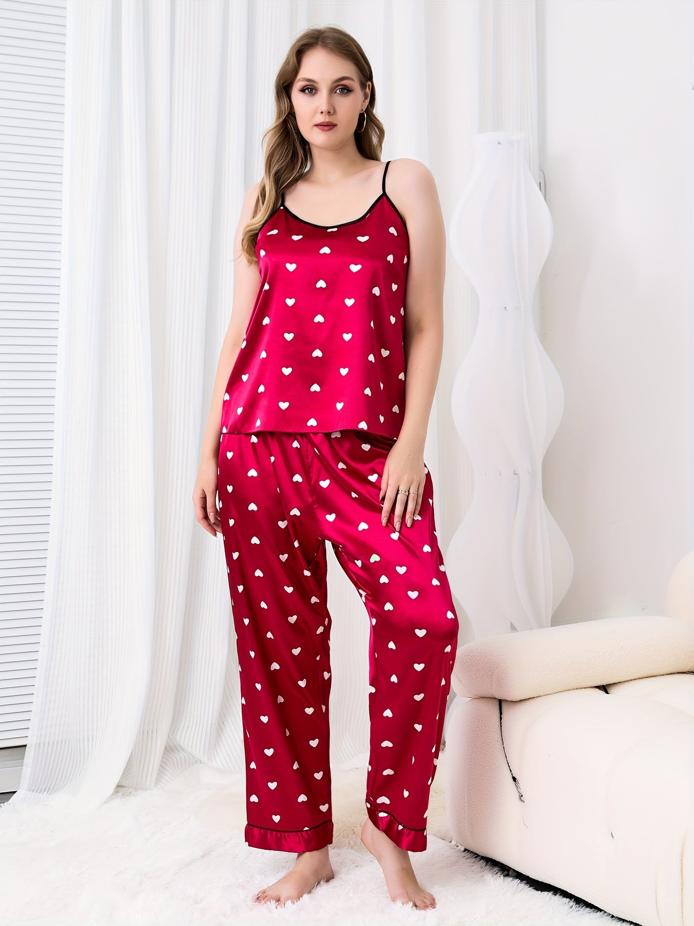 Heart Print Round Neck Satin Cami Top & Pants Set
