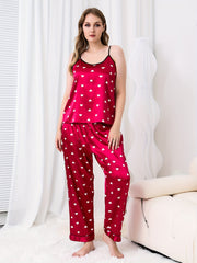 Heart Print Round Neck Satin Cami Top & Pants Set