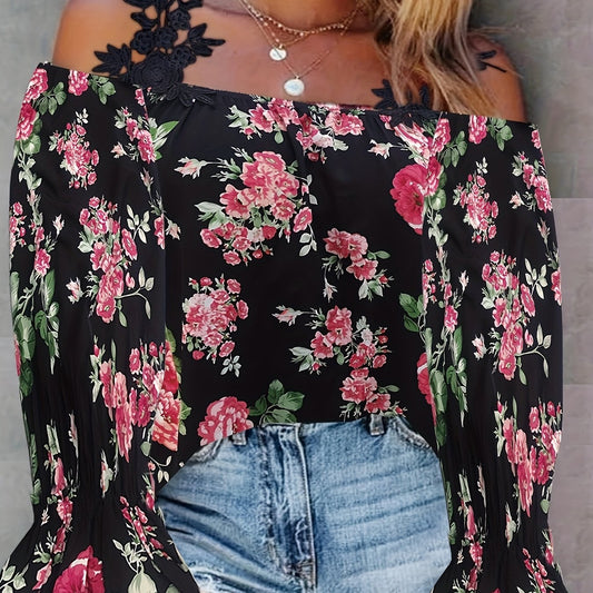 Floral Print Cold Shoulder Flounce Sleeve Top