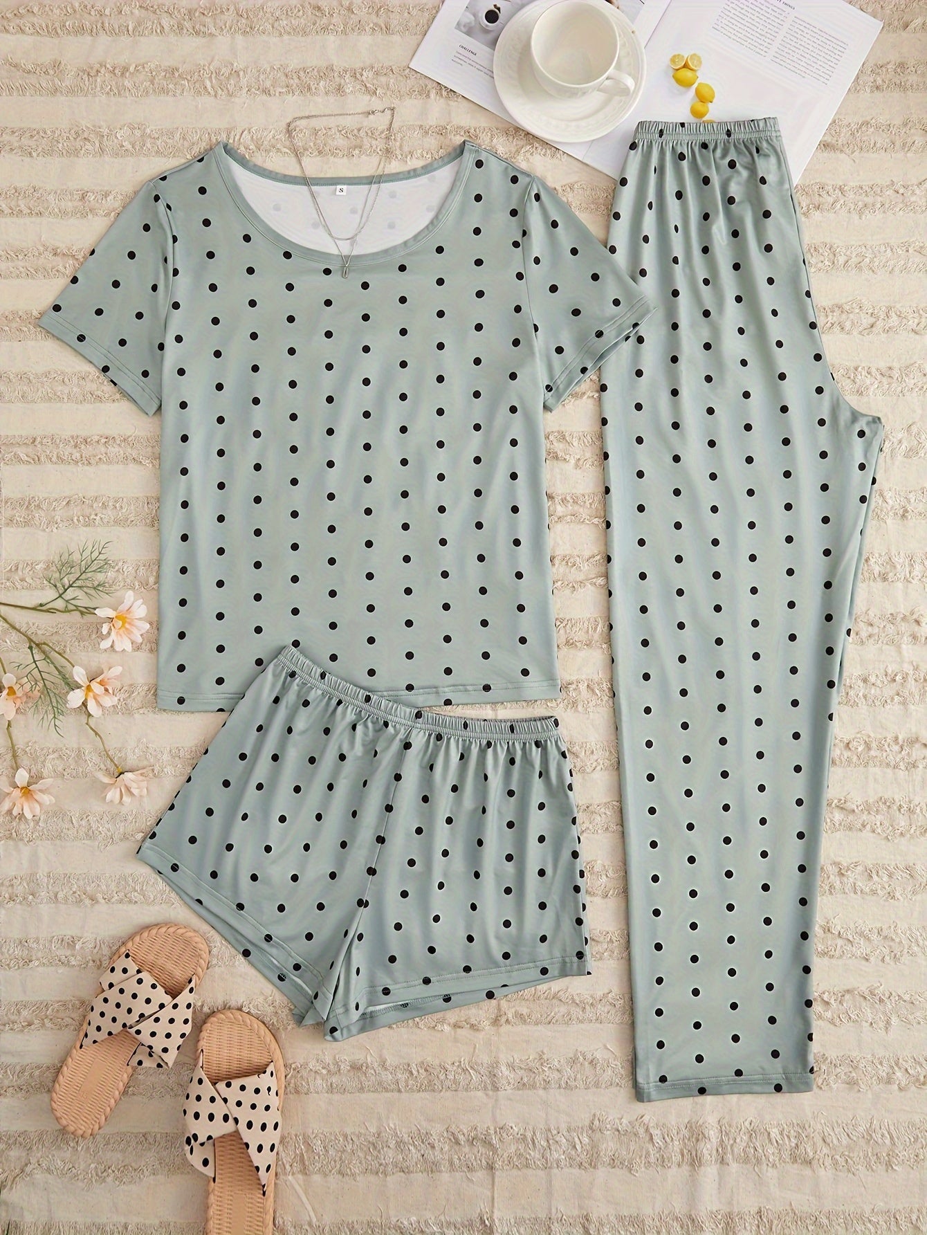 Polka Dot Print Pajamas Set Short Sleeve Crew Neck Top & Shorts & Pants