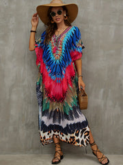 Feather Leopard Print Plus Size Boho Cover Up V Neck Tie Front