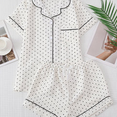Polka Dot Pajama Set Short Sleeve Lapel Buttons Top & Shorts Women's Sleepwear