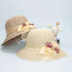 Foldable Flower Sun Hat Lace Ribbon Decor Sunscreen Basin Hat