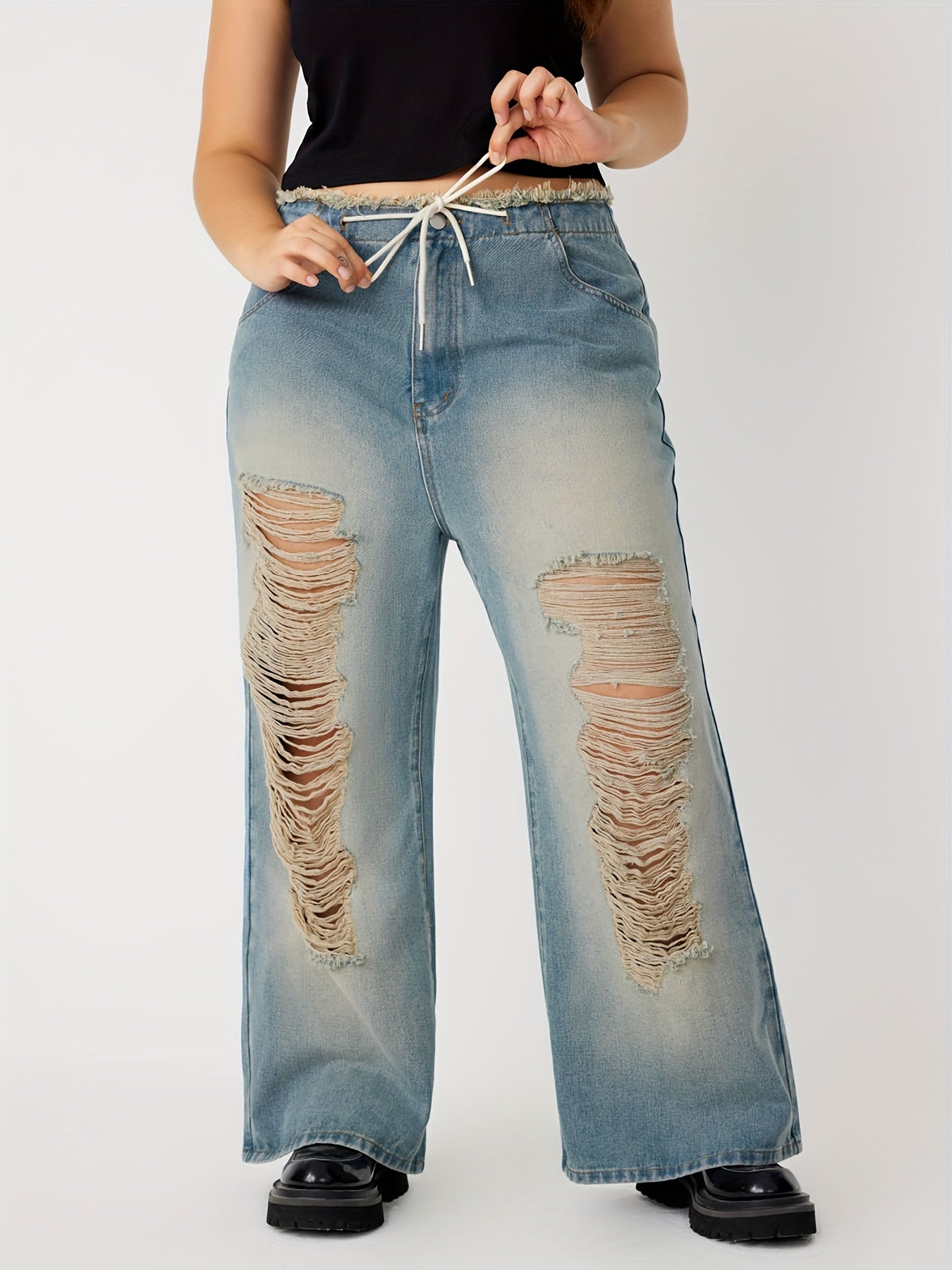 Y2K Jeans Women's Plus Distressed Ripped Raw Trim High Rise Wide Leg
