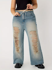 Y2K Jeans Women's Plus Distressed Ripped Raw Trim High Rise Wide Leg