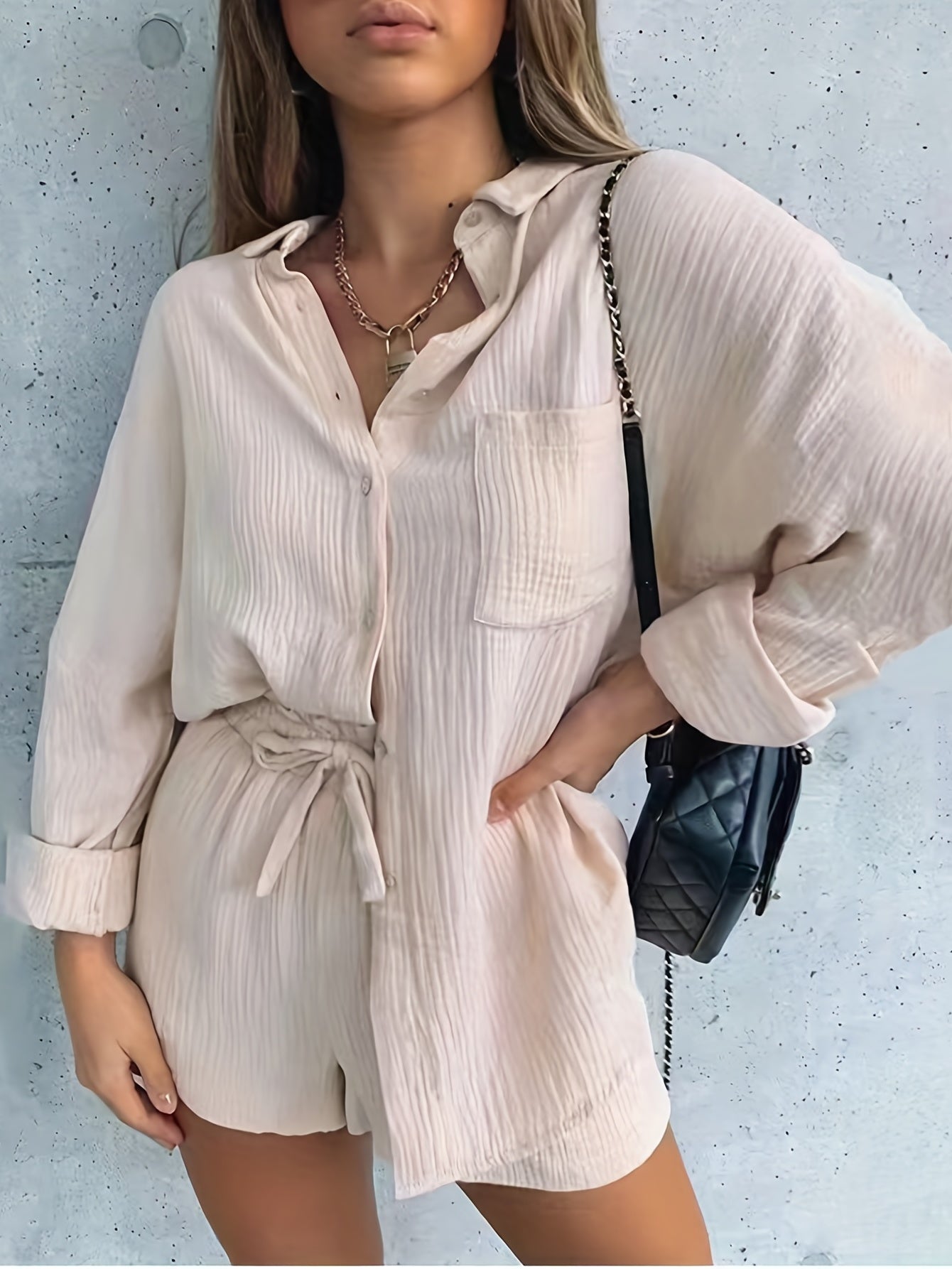 Solid Two Piece Shorts Set Button Front Shirt & Drawstring Shorts