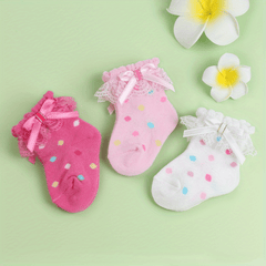 3 Pairs Baby Girls Lace Ruffled Socks Bowknot Decoration