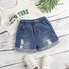 Girls Casual Ripped Denim Shorts Elastic Waist Comfortable Daily Wear