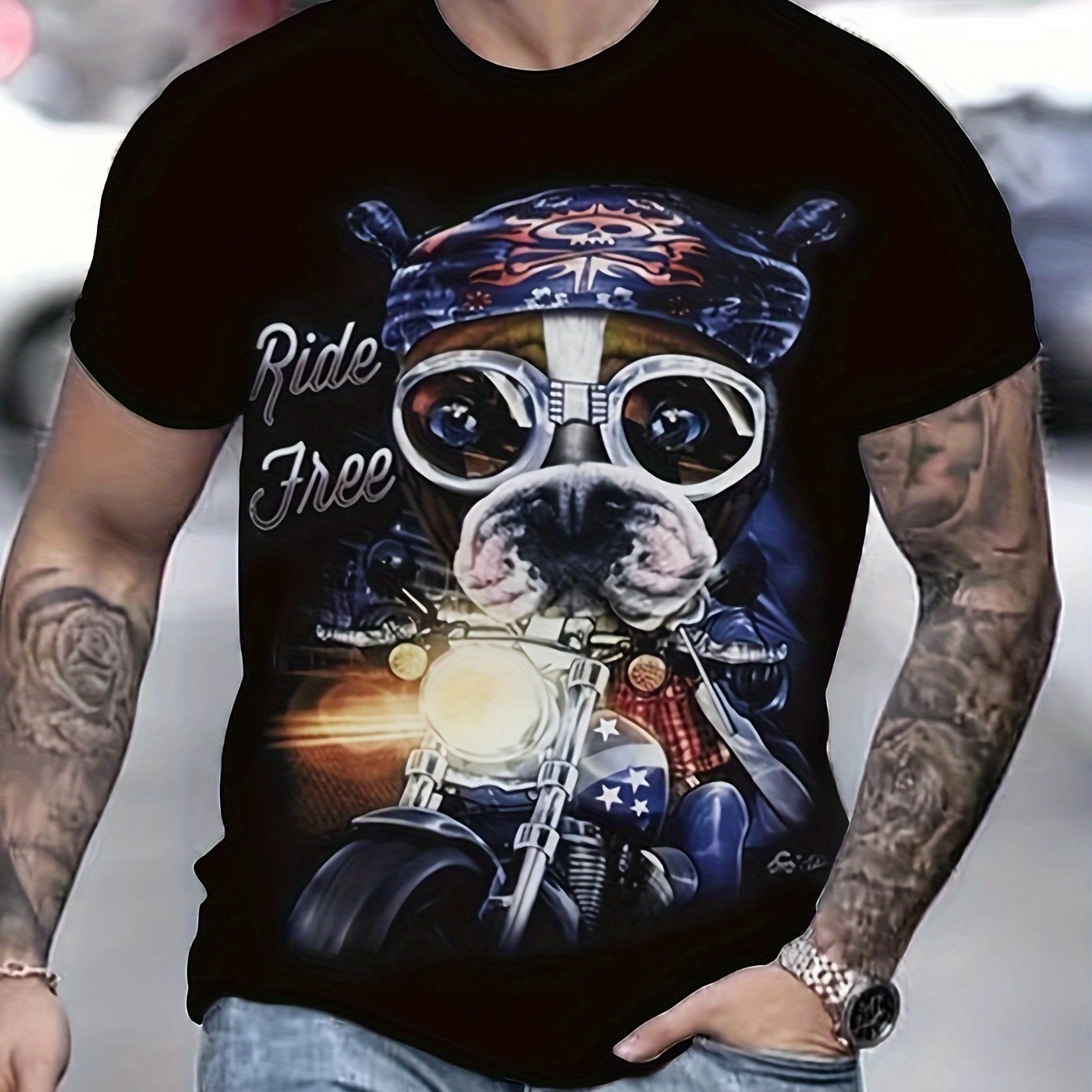 Dog Motorcycle Pattern Print Men's Short Sleeve Tee