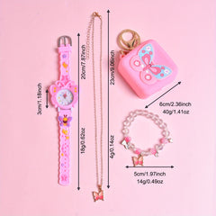 Girls' Quartz Watch Set with Butterfly Pattern, Coin Purse, Necklace