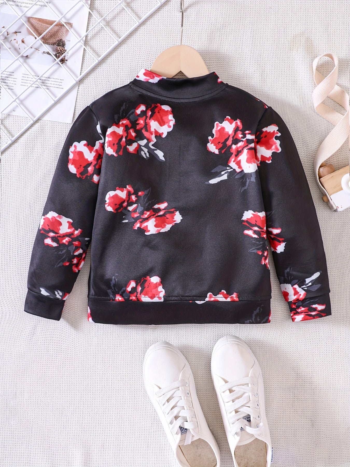 Girls' Floral Print Long Sleeve Jacket Top, Zipper Up