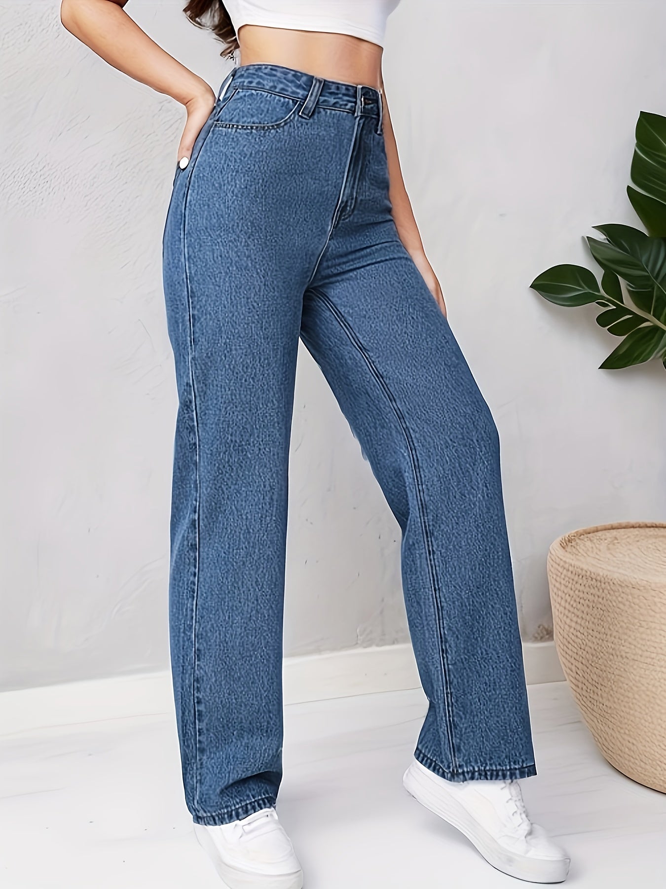 High Waist Straight Jeans Non Stretch Denim Pants