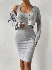 Ribbed Slim Two piece Dress Set Button Front Crop Cardigan & Skinny Tank Dress