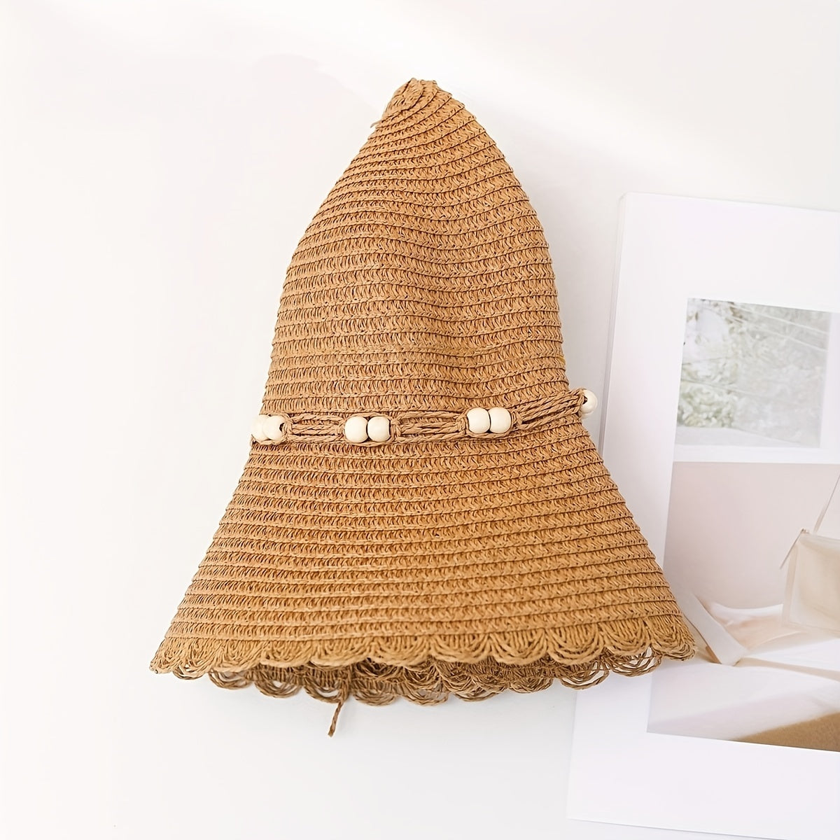 Ruffles Beads Decor Bucket Hat Solid Sun Hat Straw Hat For Women
