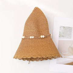 Ruffles Beads Decor Bucket Hat Solid Sun Hat Straw Hat For Women