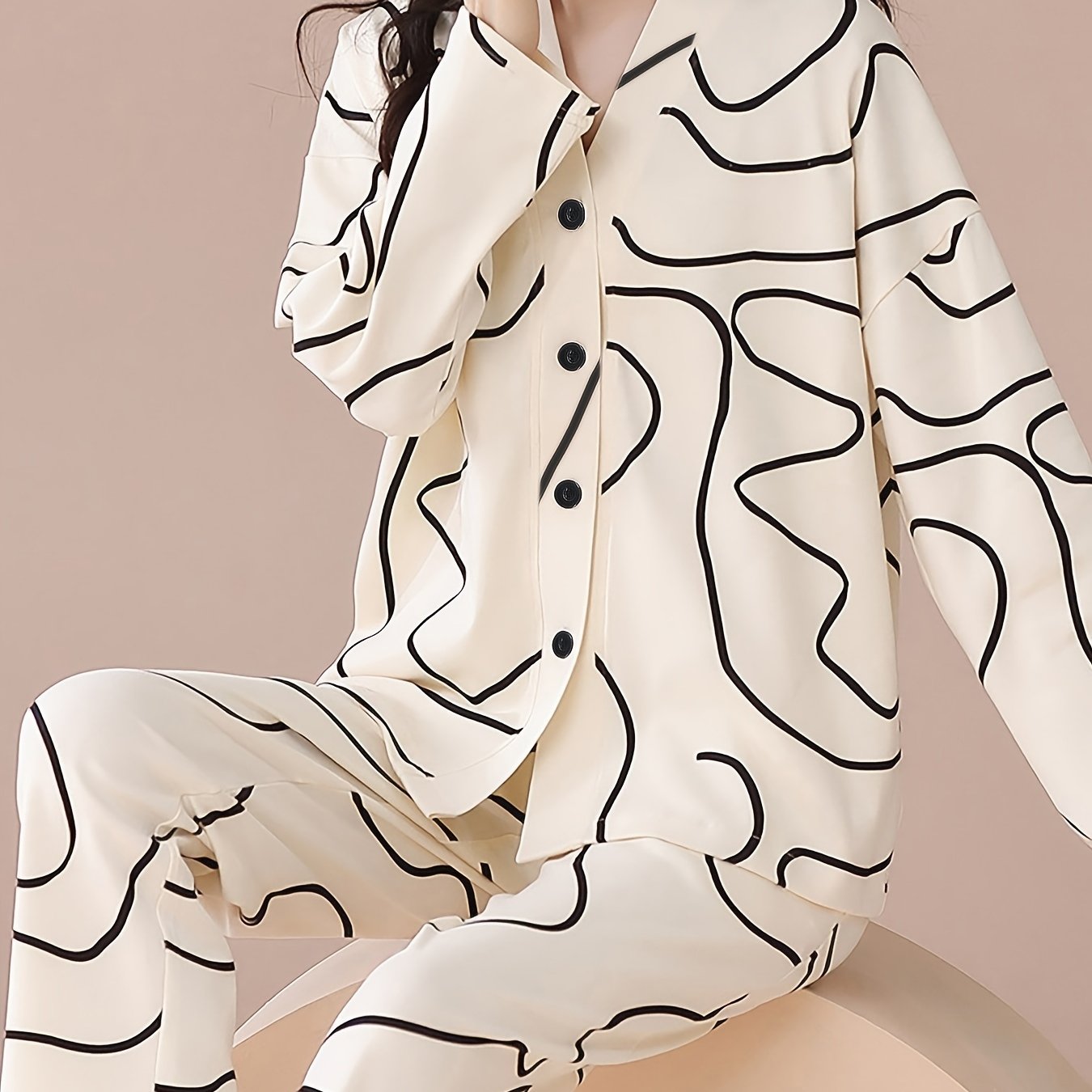 Geometric Print Pajama Set Long Sleeve Top & Pants Women's Sleepwear