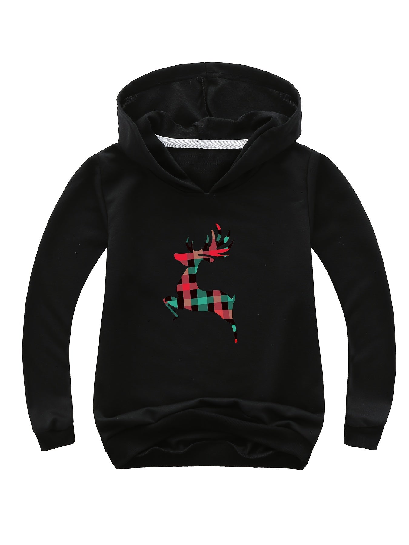 Plaid Reindeer Print Cotton Hoodie for Girls Spring Fall