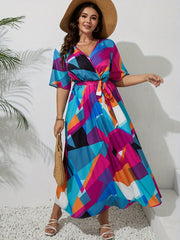 Casual Colorblock Geometric Print Maxi Dress With Belt