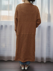 Solid Hollow Out Long Sleeve Open Front Long Cardigan