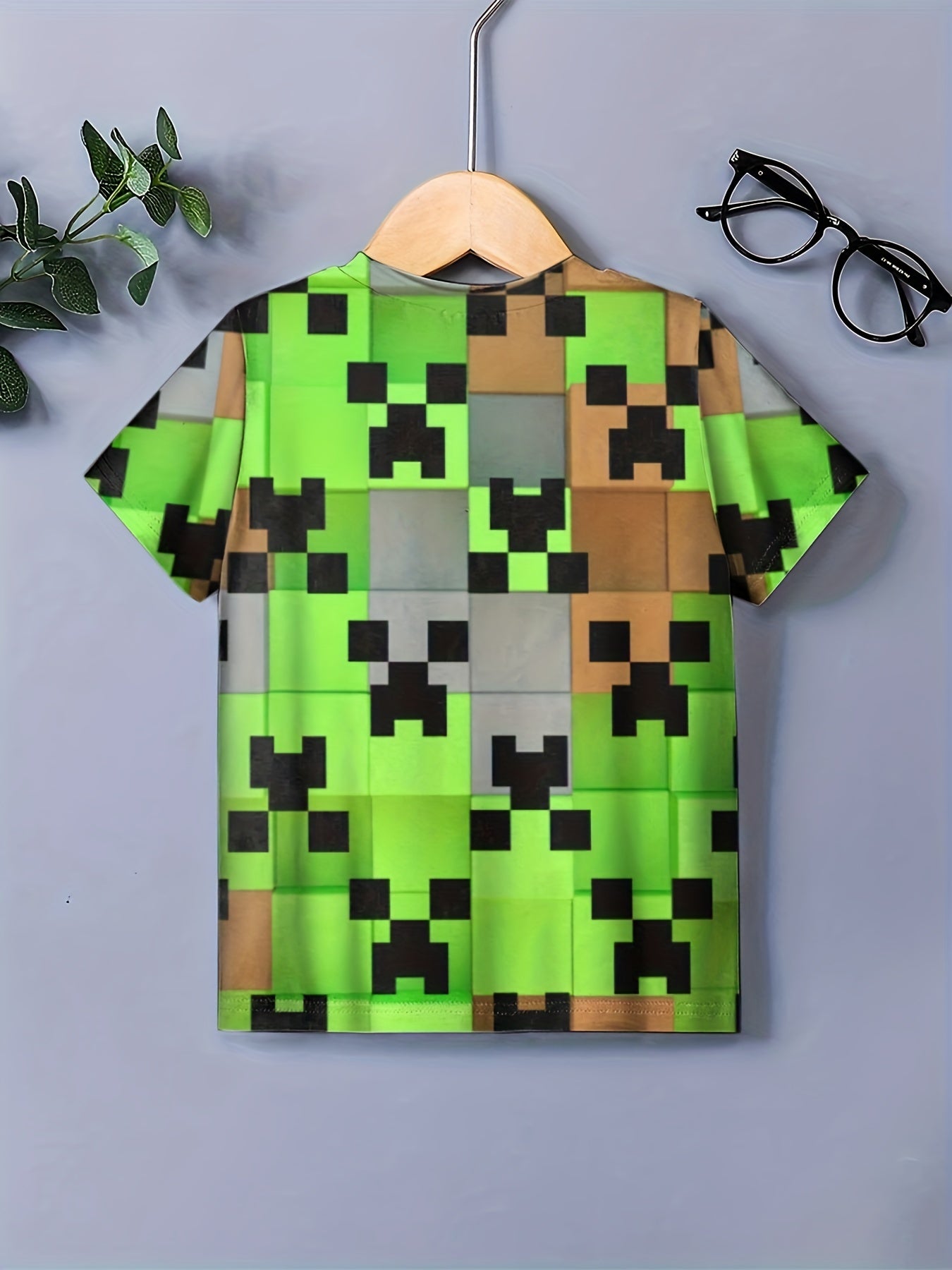 Pixel Block Print Boy's T shirt Short Sleeve Comfortable Summer Tee Tops