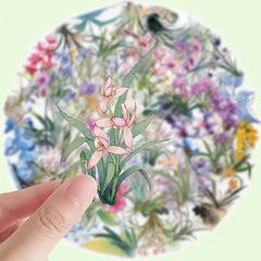 50pcs Reusable Orchid Doodle Stickers Mixed Colors Floral Designs Artistic Gift