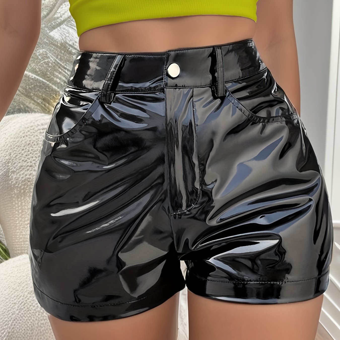 Solid PU Leather Pocket Shorts for Women