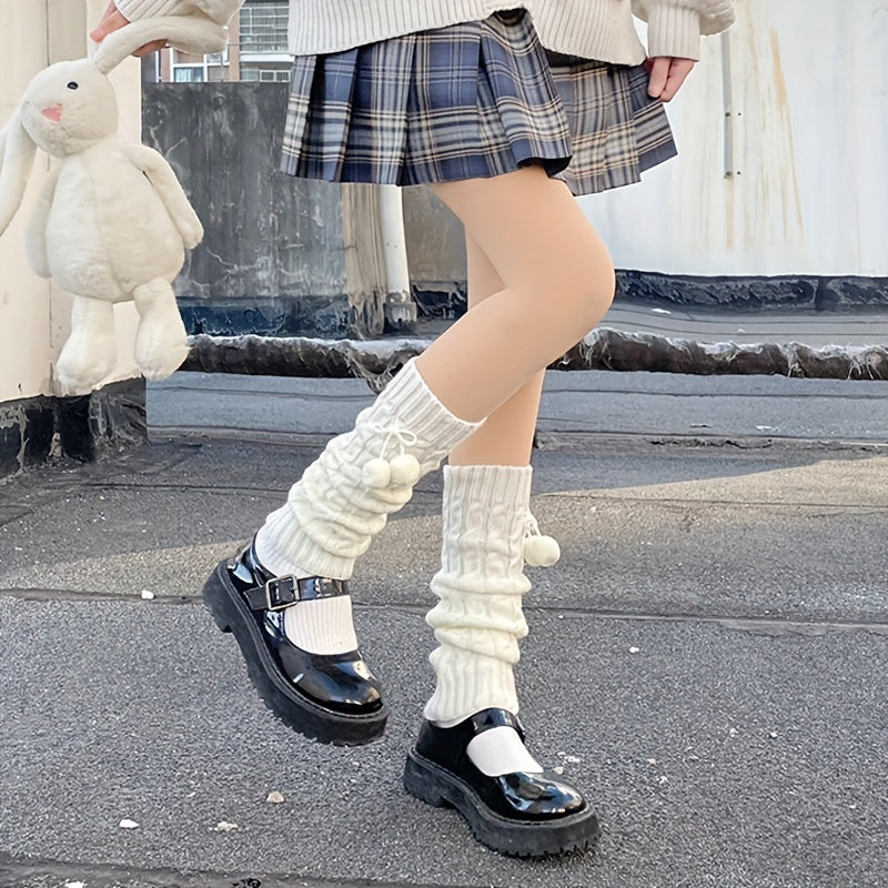 Pompom Knitted Leg Warmers Lolita Knee High Socks Women's Stockings