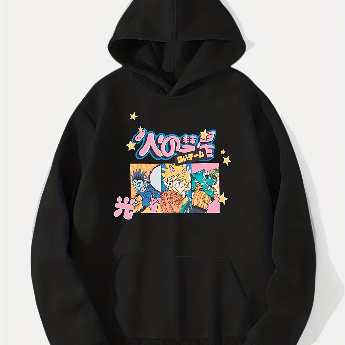 Anime Boy & Japanese Character Print Hoodie for Men