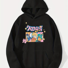 Anime Boy & Japanese Character Print Hoodie for Men