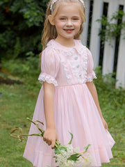 Girls' Lace Trims Collared Short Sleeve Princess Dress