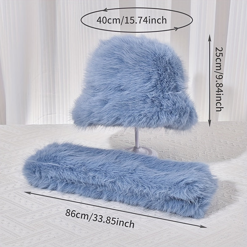 2pcs Solid Wool Warm Scarf Hat Set Women Fashionable Scarf Hat
