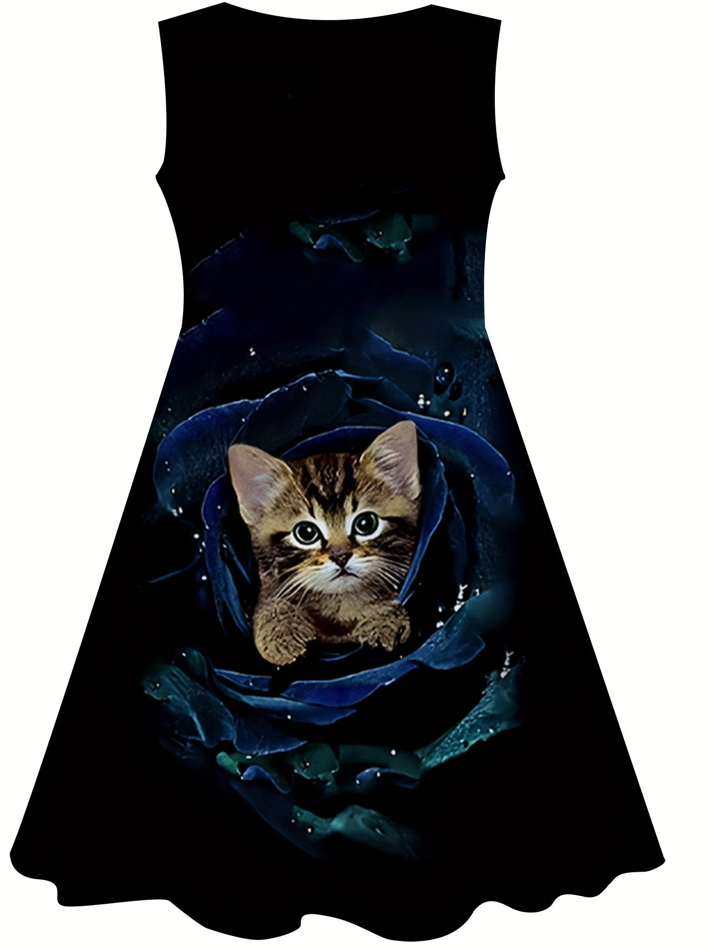 Girls Rose Flower Cat Sleeveless Dress for Summer Party