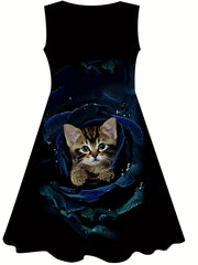 Girls Rose Flower Cat Sleeveless Dress for Summer Party