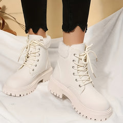 Women's Faux Leather Platform Snow Boots Plush Heel Ankle Combat Boots