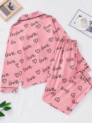 Heart Print Pajama Set Long Sleeve Buttons Top & Pants Women's Sleepwear