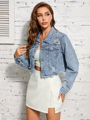Ripped Holes Cropped Denim Coats Long Sleeves Raw Cut Lapel Denim Jackets