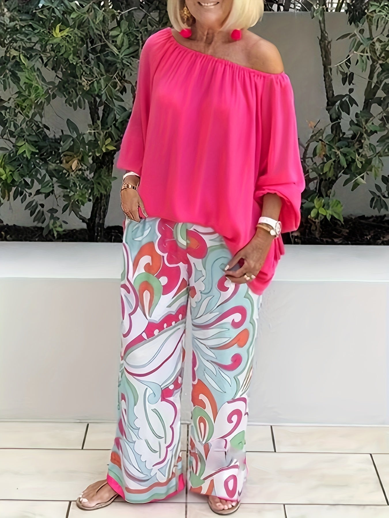 Women's 2 Piece Set Solid One Shoulder Top & Leaf Print Pants Outfits