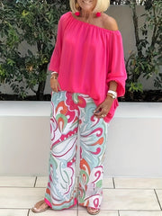 Women's 2 Piece Set Solid One Shoulder Top & Leaf Print Pants Outfits