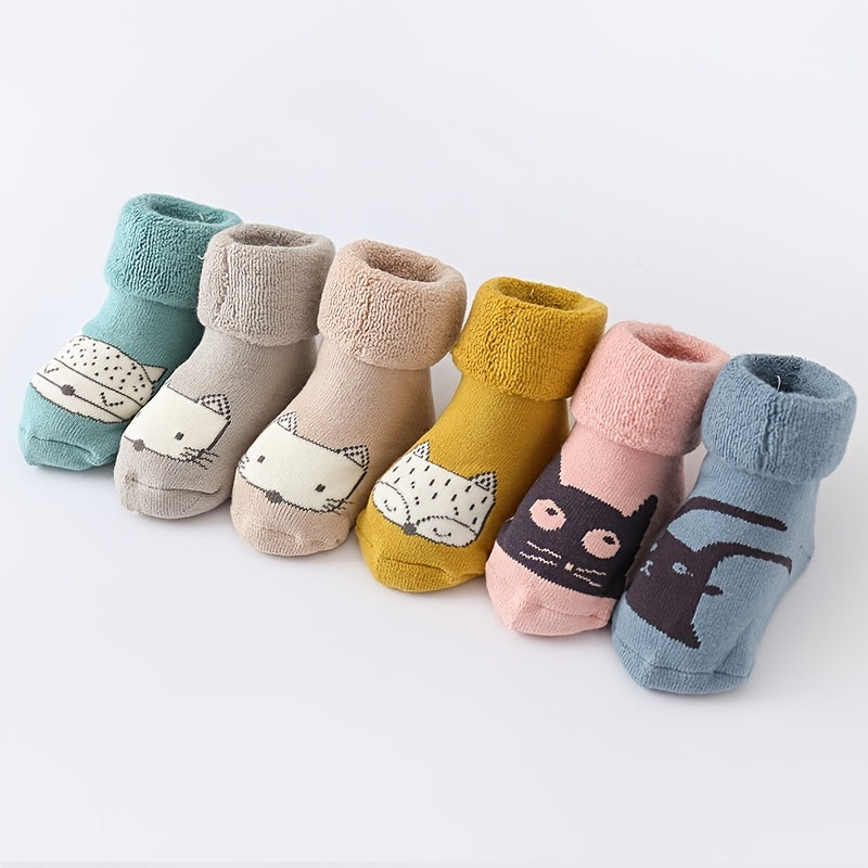 3 Pairs Baby Cartoon Kitty Print Floor Socks Winter Warm Slip-On Thick Socks